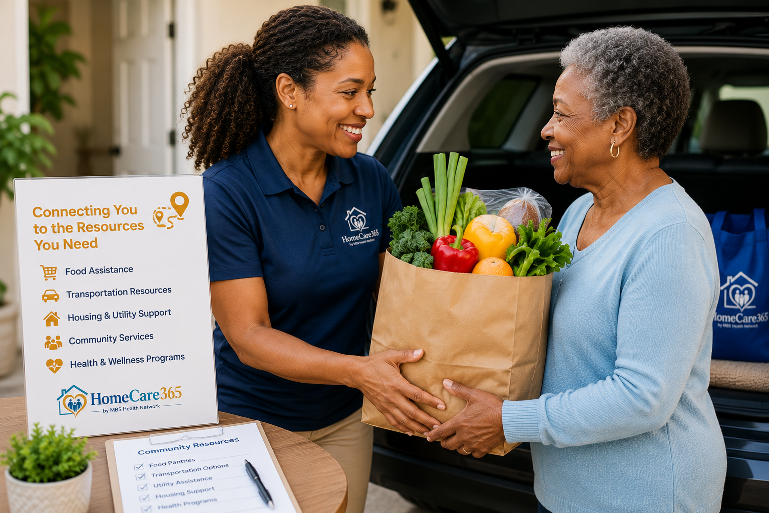 An older adult receiving support and community resources