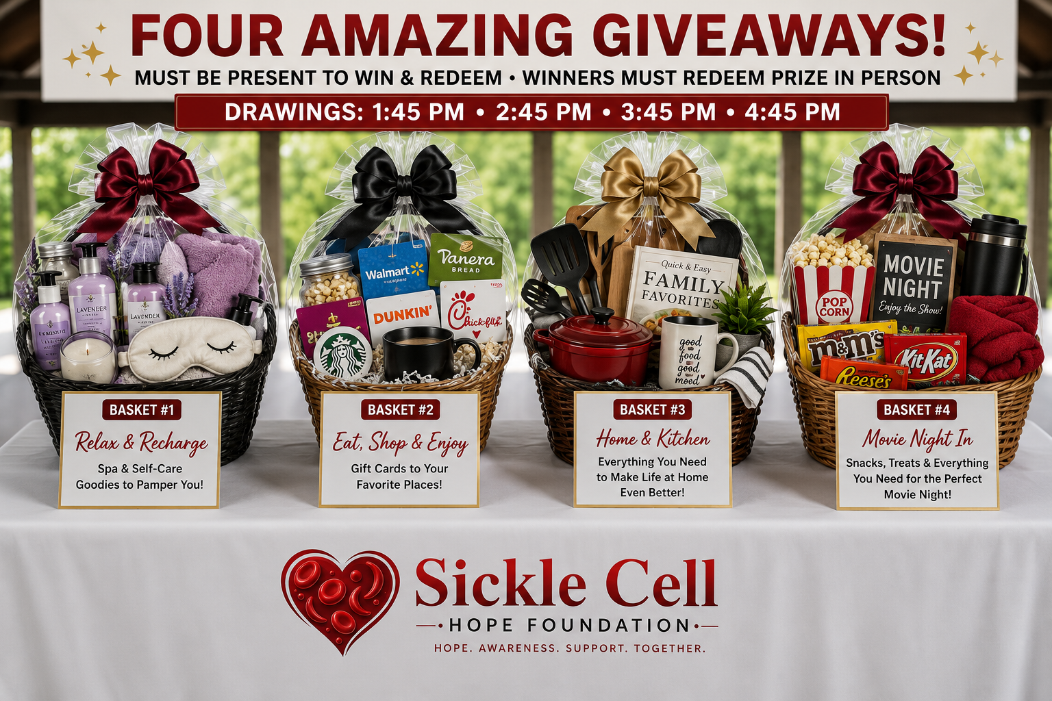 Four themed giveaway baskets for Fish Fry for Hope