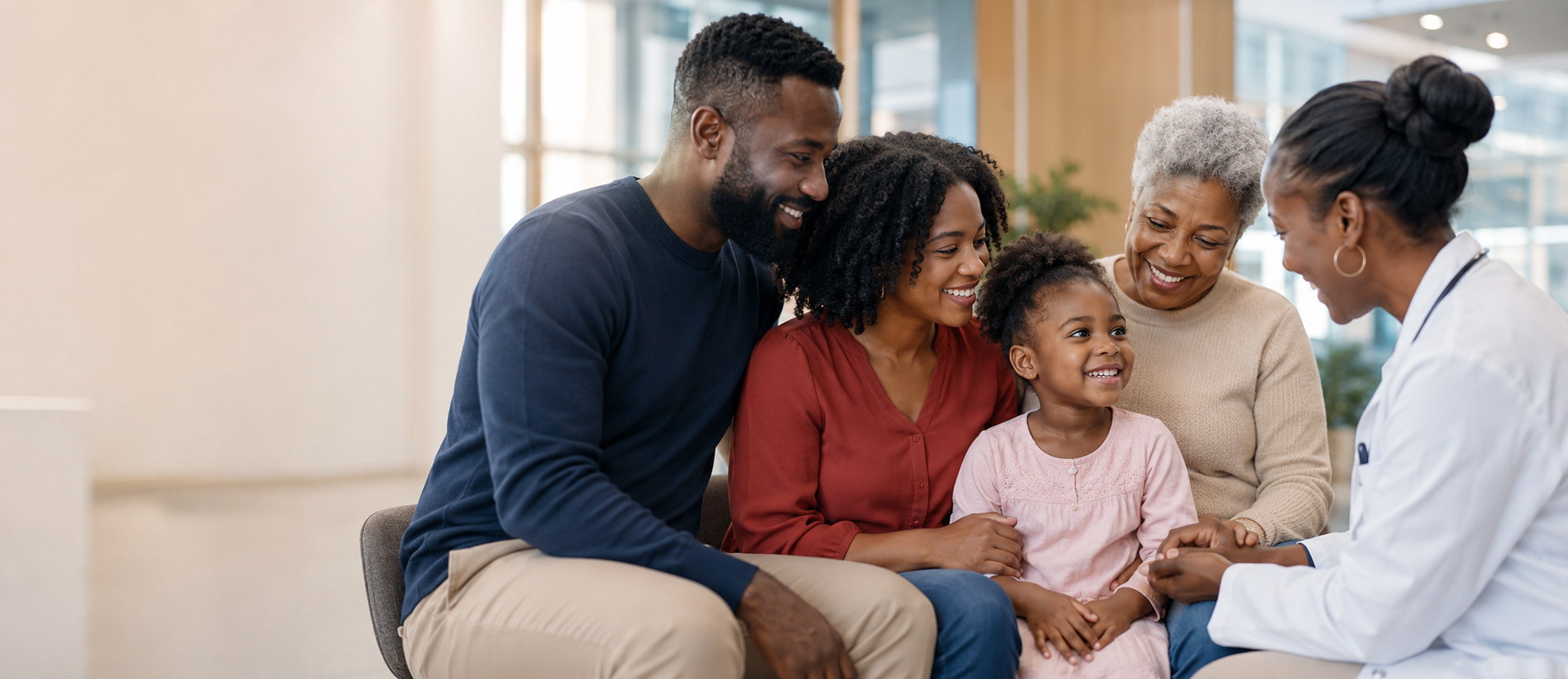 Multigenerational family speaking with a healthcare professional